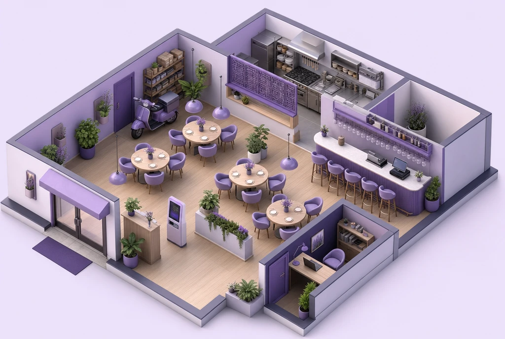 Isometric illustration of a restaurant: entrance with kiosk, dining tables, bar, open kitchen, back door with scooter, and a small office