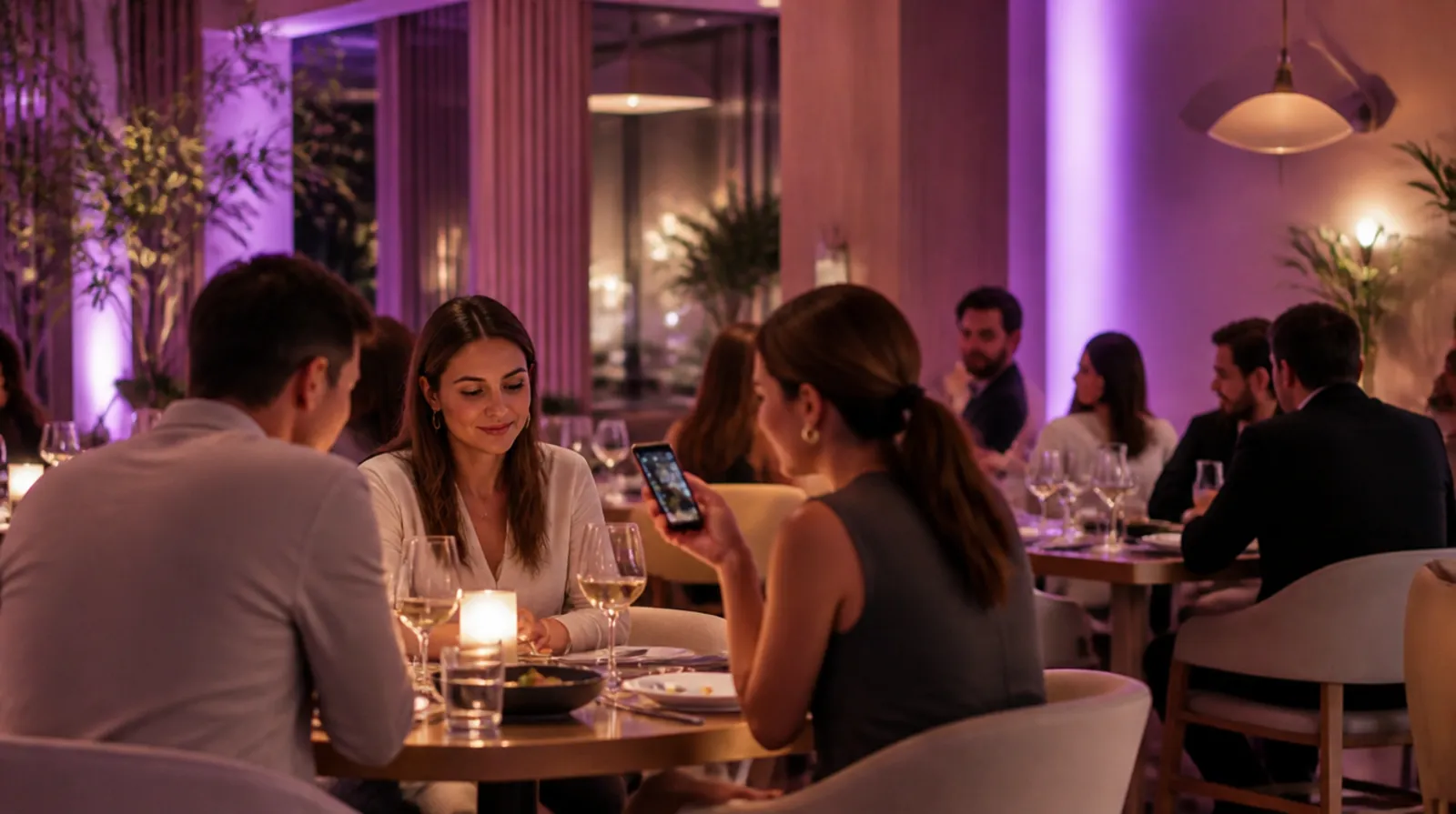A restaurant dining room in the evening